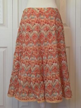 Orange Boho Print Tiered Midi Skirt EU 40 (S/M) Y2K Summer Tropical Tribal Indie